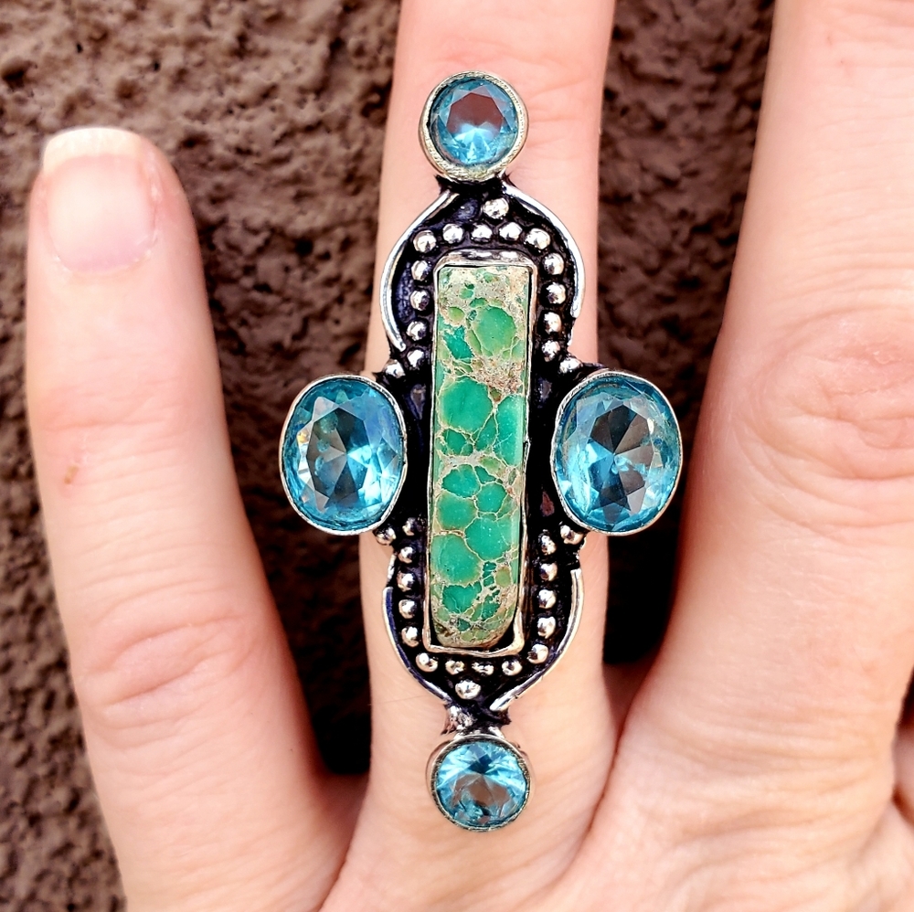 New Sea Sediment Jasper & Blue Topaz 925 Silver Ring.
